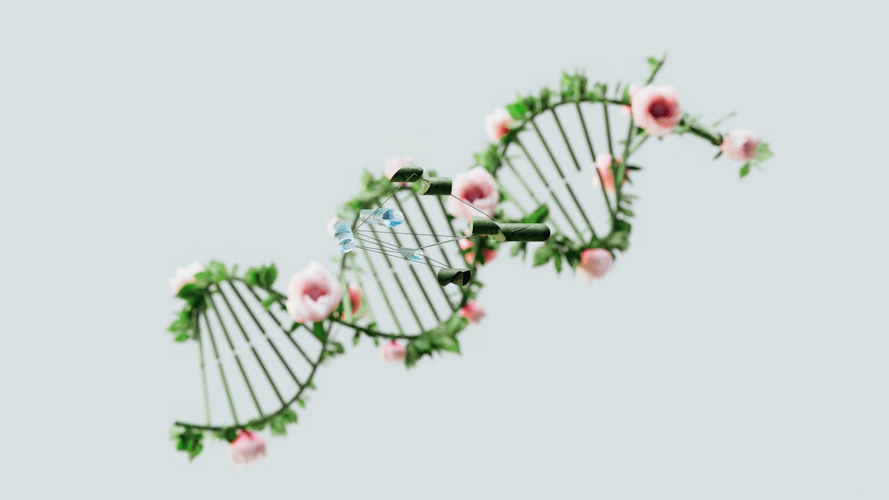 A conceptual representation of a DNA helix adorned with pink flowers and green leaves.